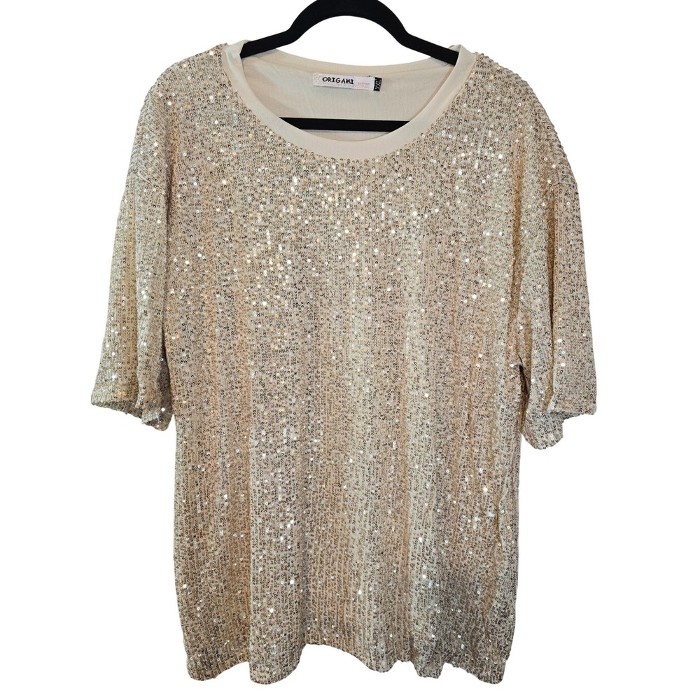 Origami by Vivien Gold‎ Sequin Short Sleeve Top XXL Oversized Crewneck New